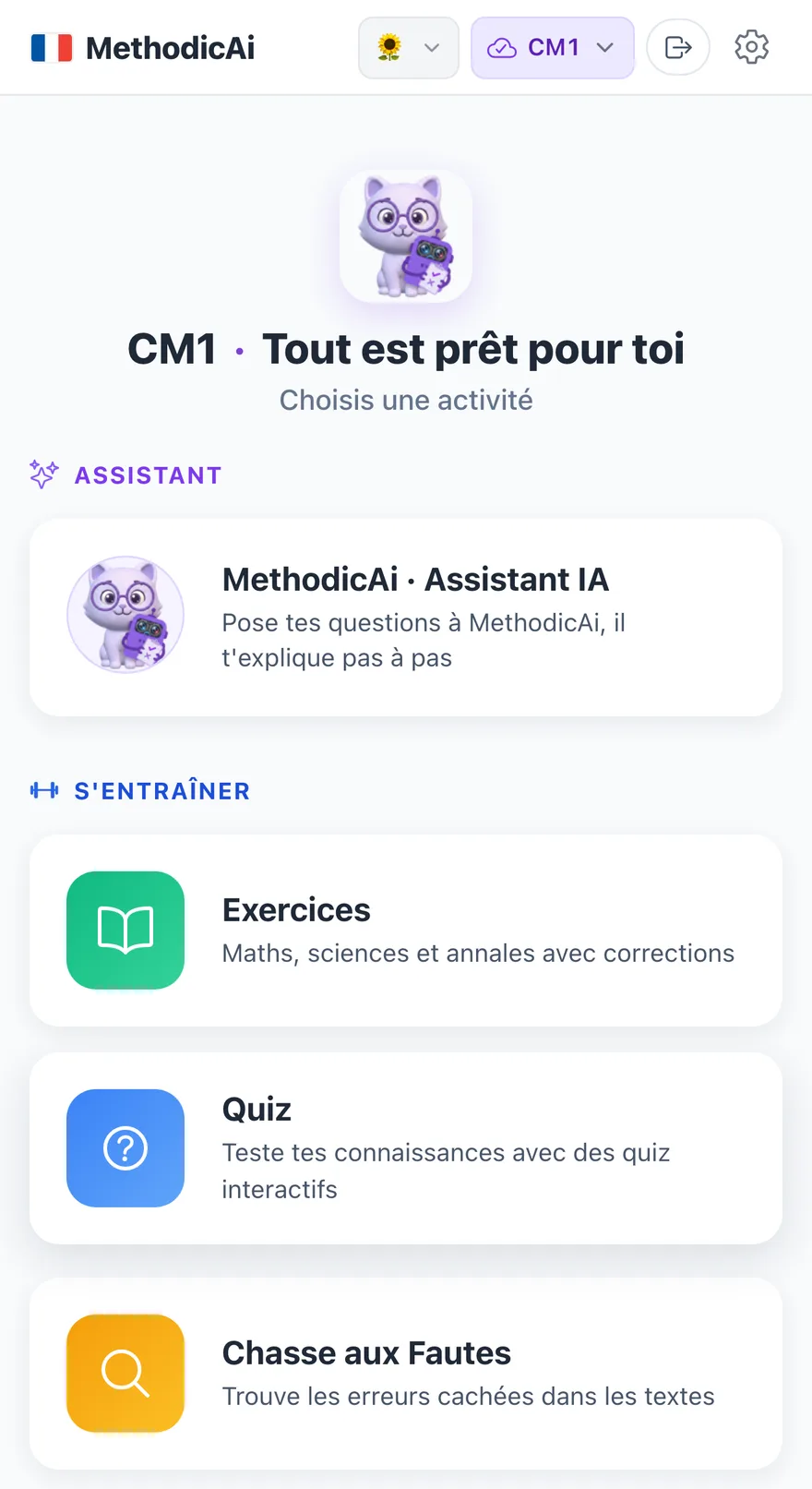 Écran d'accueil de MethodicAI pour une élève de CM1 : assistant IA, exercices, quiz et chasse aux fautes.