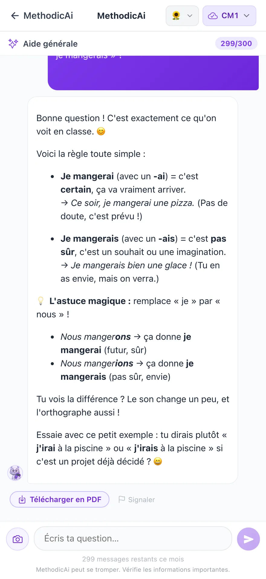 Le tuteur IA de MethodicAI explique la différence entre « je mangerai » et « je mangerais » à une élève de CM1.
