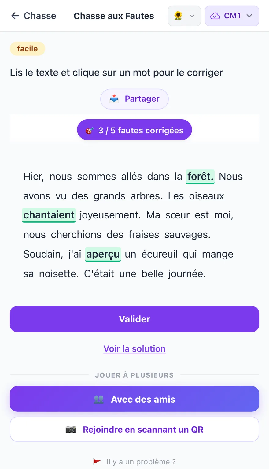 Chasse aux fautes dans MethodicAI : un texte de CM1 où trois erreurs sur cinq ont déjà été corrigées.