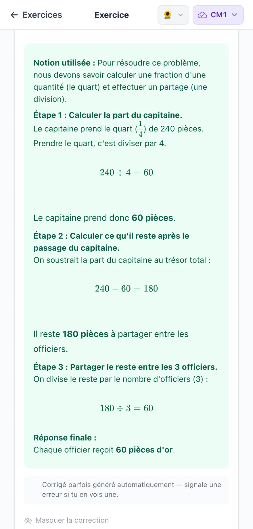 Correction détaillée d'un problème de fractions de CM1 dans MethodicAI, en trois étapes numérotées.