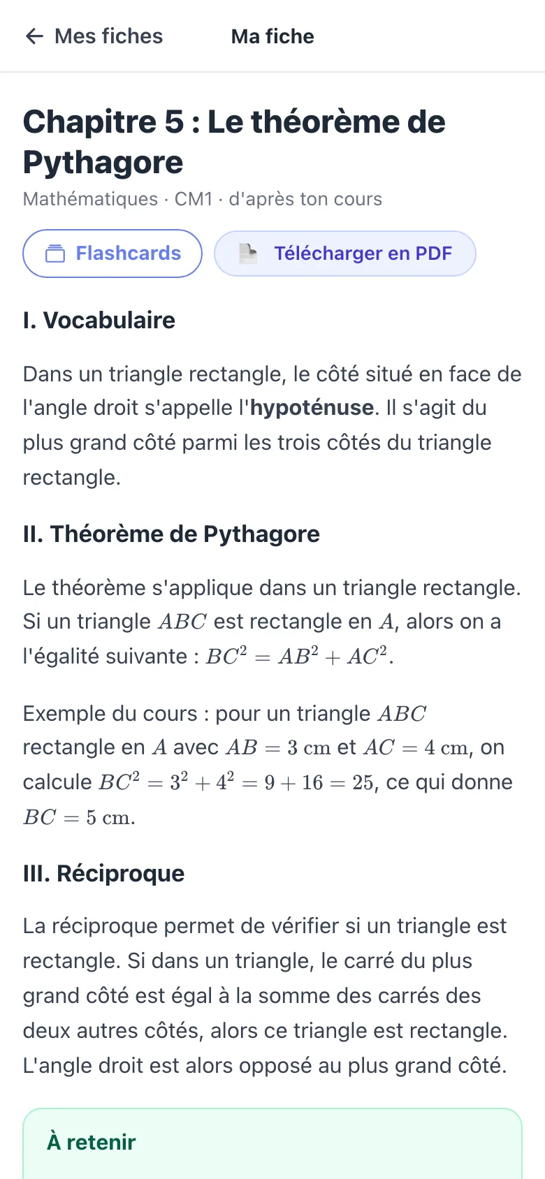 Une fiche sur le théorème de Pythagore, créée depuis le cours de l'élève, avec ses boutons Flashcards et Télécharger en PDF.