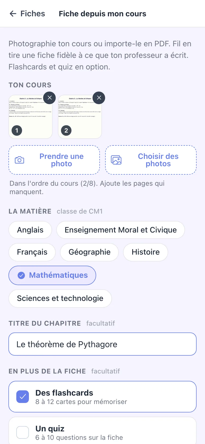 Écran de création : deux photos du cours, la matière Mathématiques choisie, le titre du chapitre, les options flashcards et quiz.