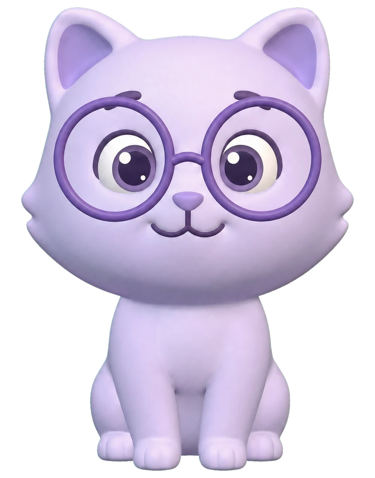 La mascotte de MethodicAI, un chat mauve à lunettes rondes.