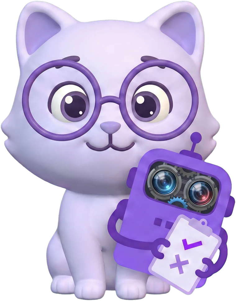 La mascotte de MethodicAI, un chat à lunettes qui tient une tablette.