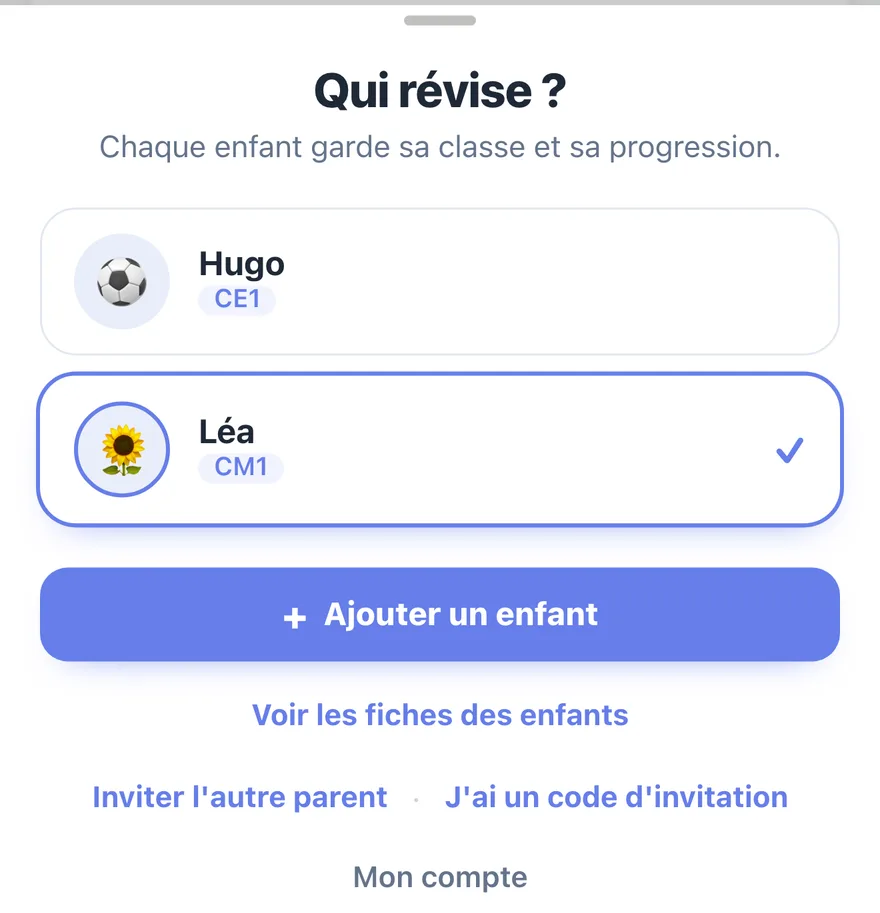Sélecteur de profil enfant dans MethodicAI : Hugo en CE1 et Léa en CM1, sur le même compte parent.
