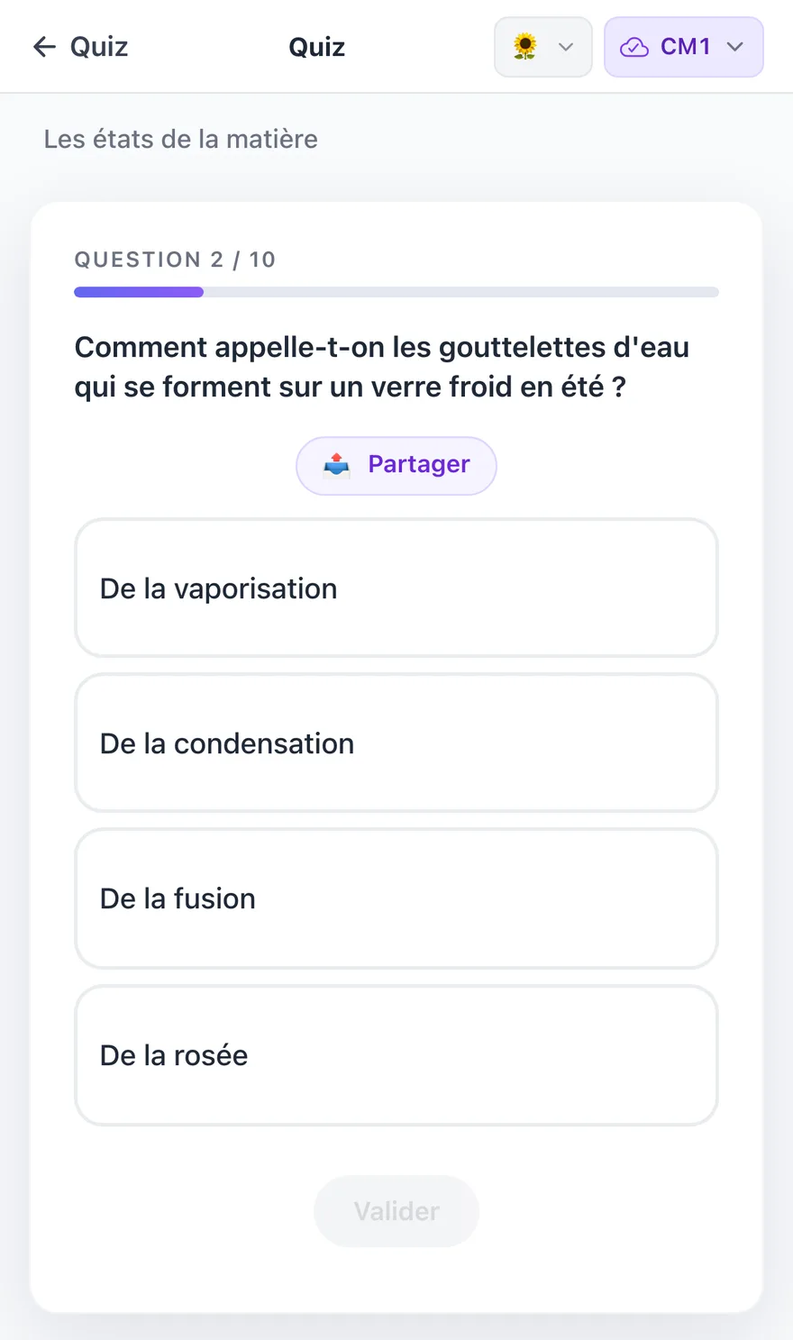 Question de quiz de CM1 dans MethodicAI sur les états de la matière, avec quatre réponses proposées.