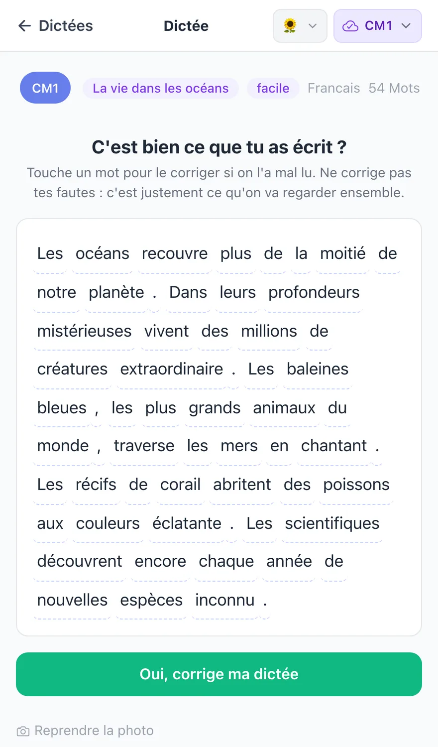 MethodicAI affiche le texte lu sur la photo du cahier et demande à l'élève de rectifier les mots mal déchiffrés.